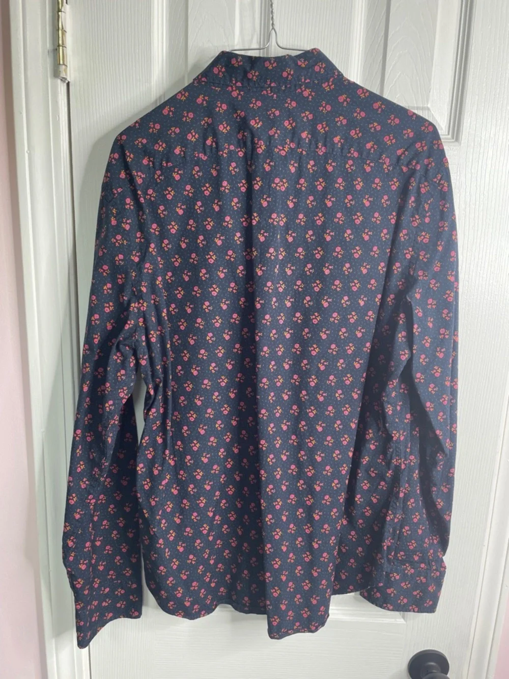 J. Crew Navy Button-Down Shirt with Pink Floral Print. Slim Untucked. Nice